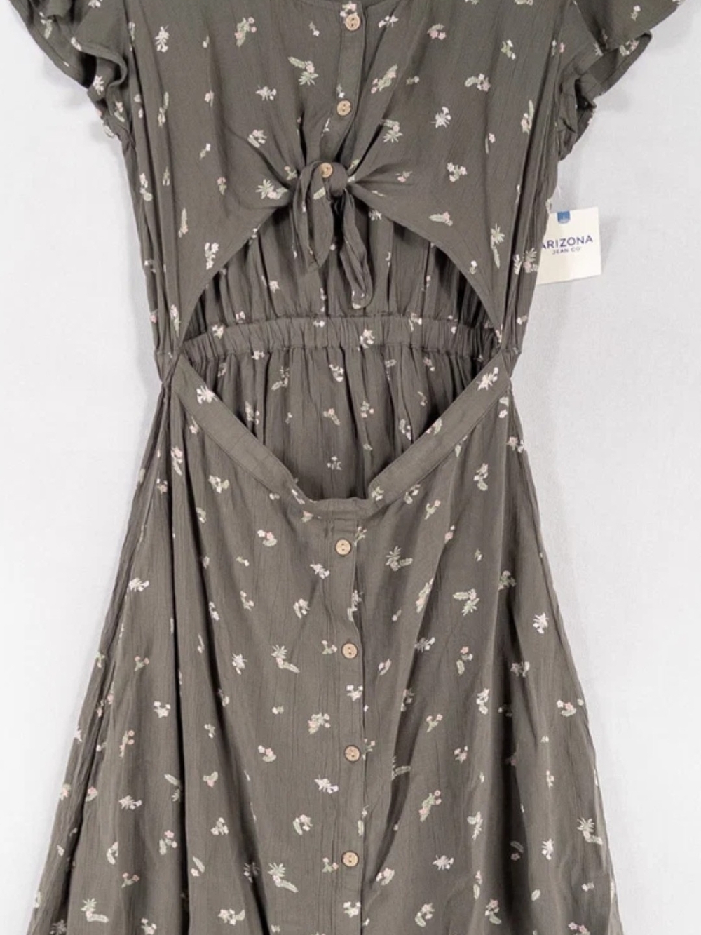 Arizona Jean Company Olive Green Floral Tie-Front Dress